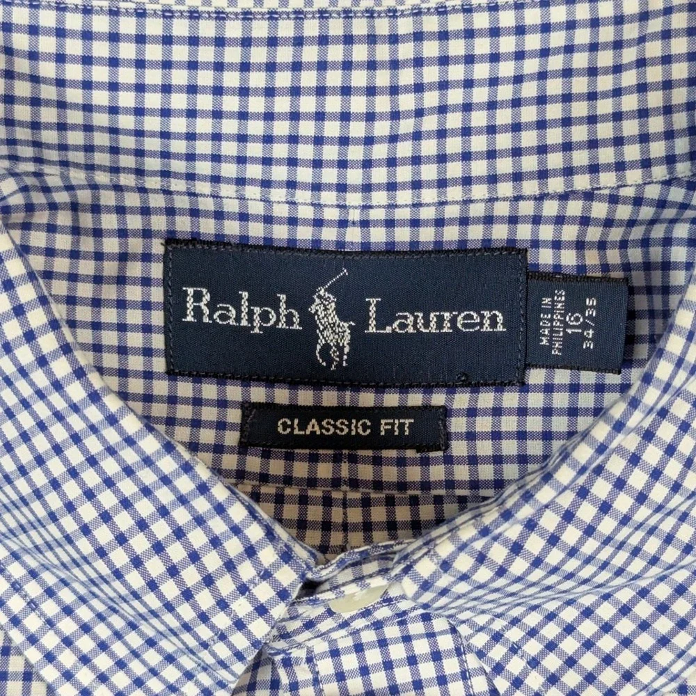 Ralph Lauren Mens Classic Fit Gingham Button Down Shirt Blue White Size 16 34/35